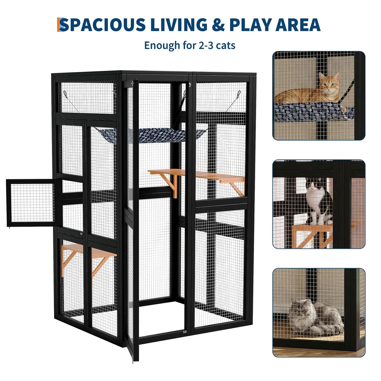 64 Inch Large Wooden Catio Outdoor Cat Enclosure Window Cat House with Wheels 3 Platforms Weatherproof Roof Cage