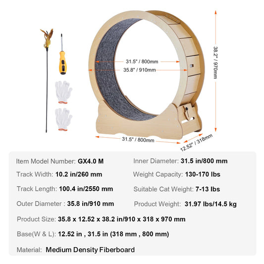 Wooden Cat Exercise Wheel For Indoor Cats With Detachable Carpet