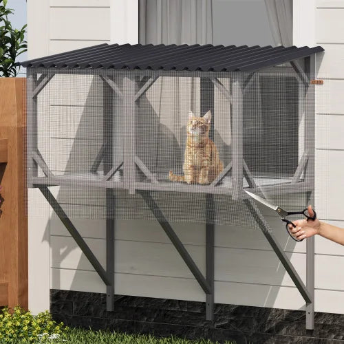Cat Window Box, 43.3" Catio Outdoor Cat Enclosure with Bug Proof Net for Sunbathing, Napping & Viewing, Window Perch Cat Cage