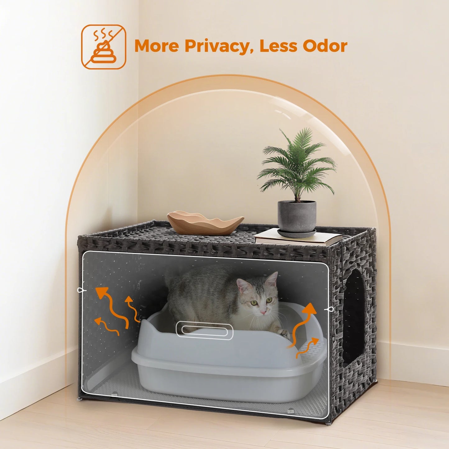 Rattan Cat Litter Box Enclosure with Taller Doorway and Flip-Up Design-More Space Raised Edge Mat-Cat House Cabinet Furniture
