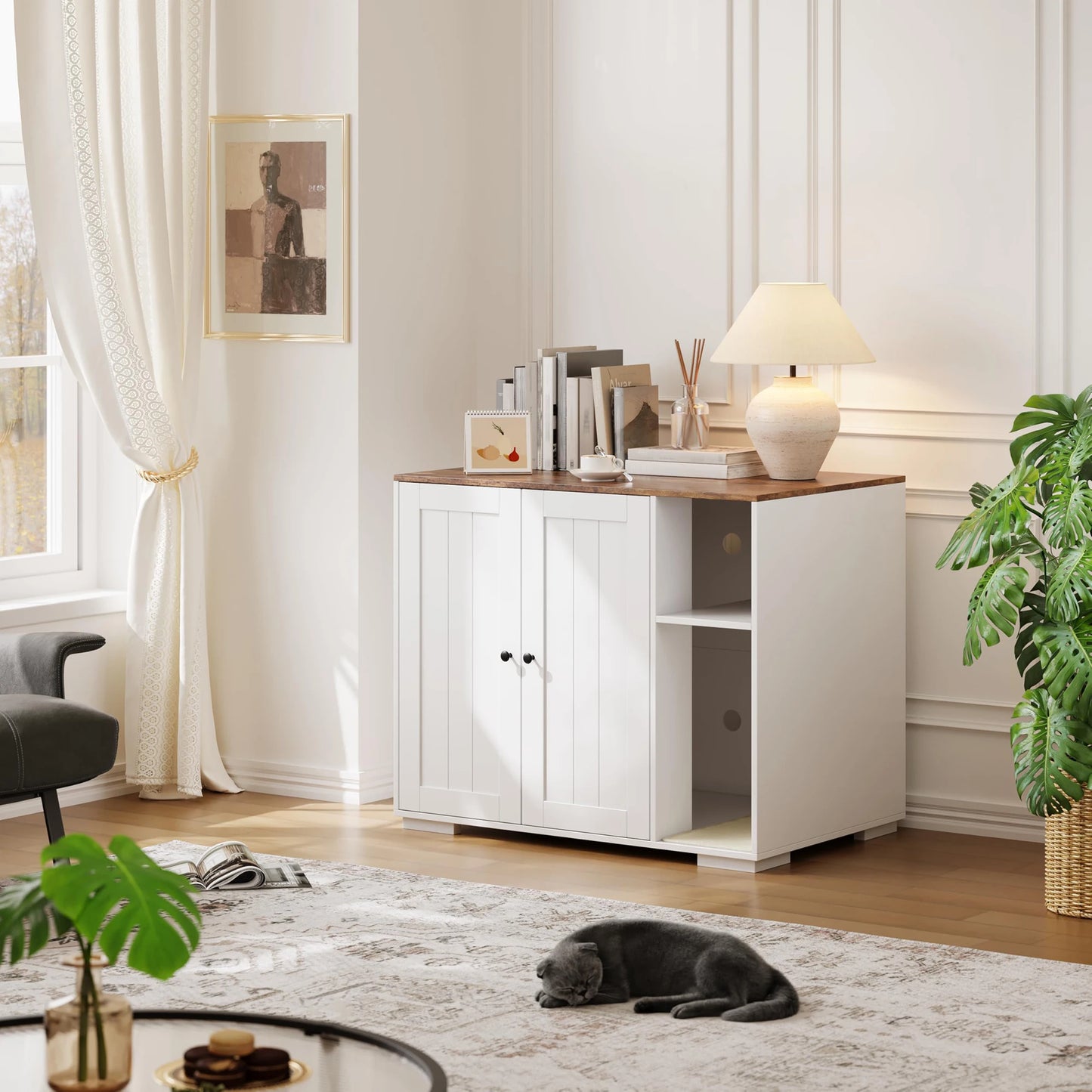 Cat Litter Enclosure For Litter Robot 3/4 Automatic Litter Box Dog-Proof Shelf Power Outlet Litter Collector Easy Assembly