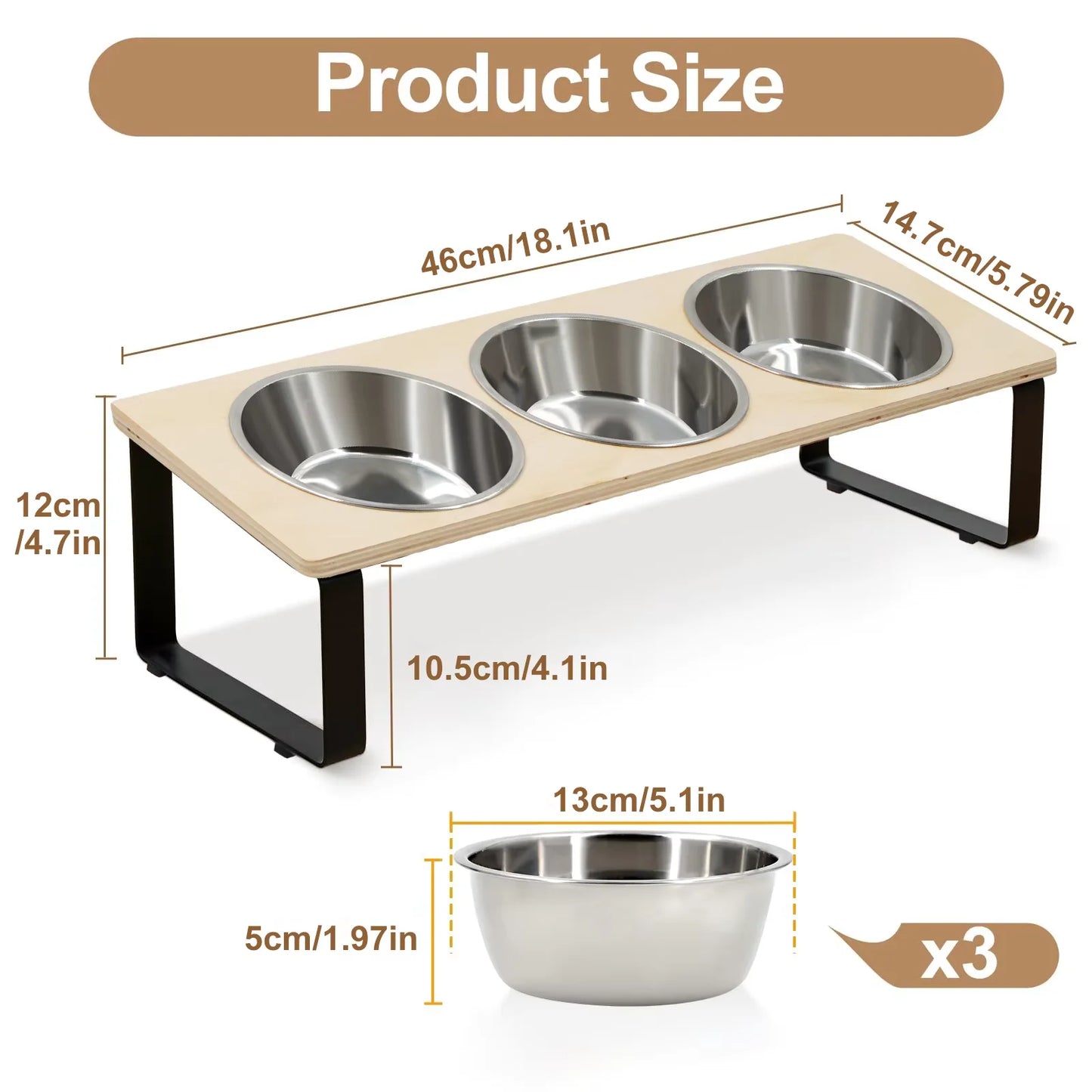 3 Bowls Elevated Cat Feeder 15° Tilted Bamboo Iron Stand Stainless Steel Pet Food Water Bowls Waterproof Anti-slip Silicone Feeding Mat for Kittens Puppies