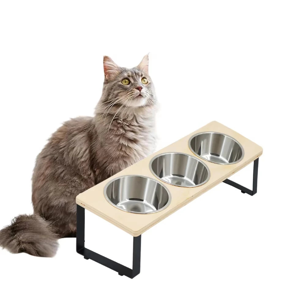 3 Bowls Elevated Cat Feeder 15° Tilted Bamboo Iron Stand Stainless Steel Pet Food Water Bowls Waterproof Anti-slip Silicone Feeding Mat for Kittens Puppies