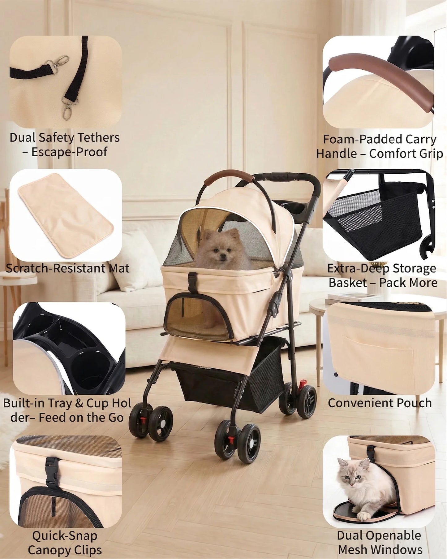 Cabusatly 2-In-1 Pet Stroller Foldable For Small Dogs And Cats