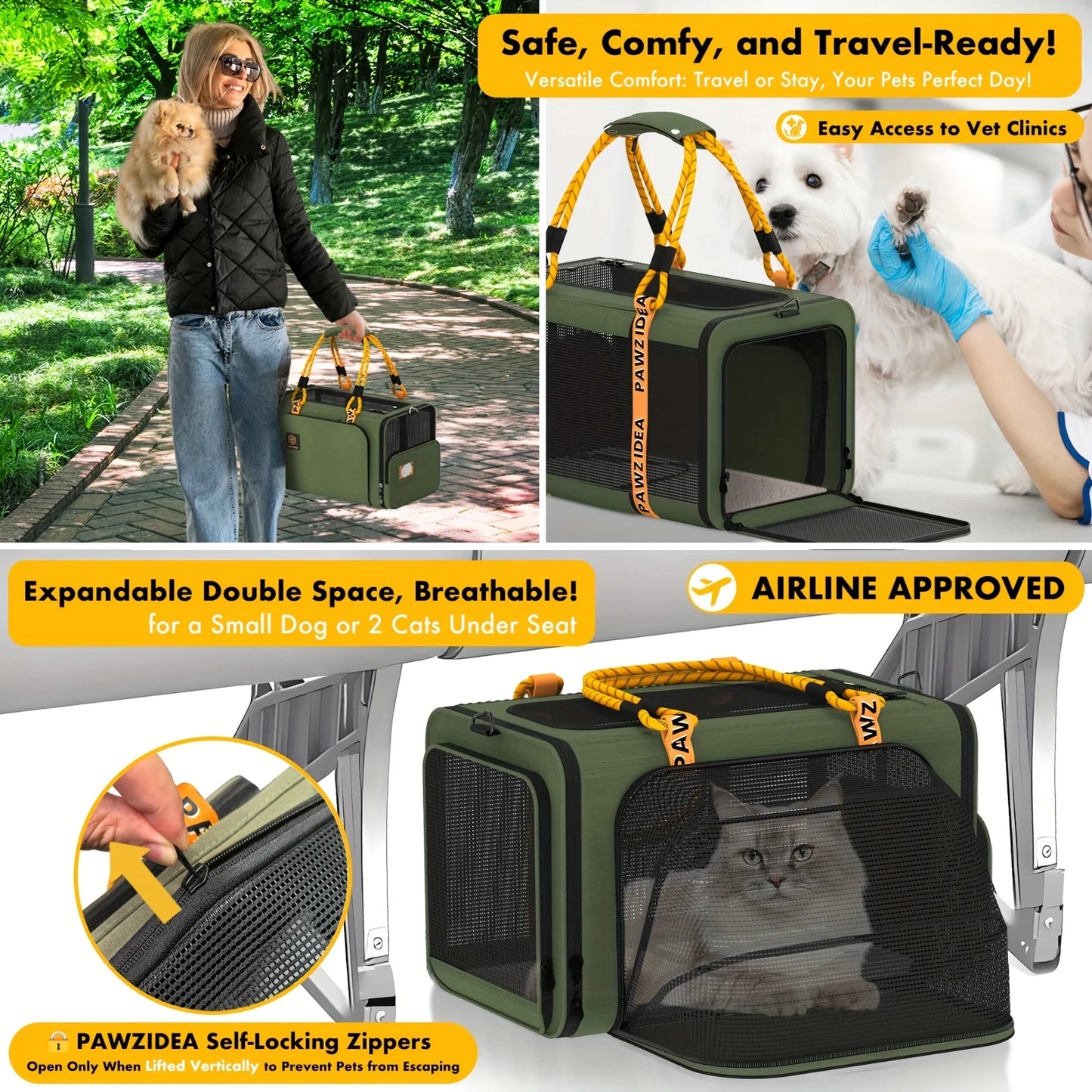 PAWZIDEA Expandable Cat Carrier With ID Card TSA Airline Approved