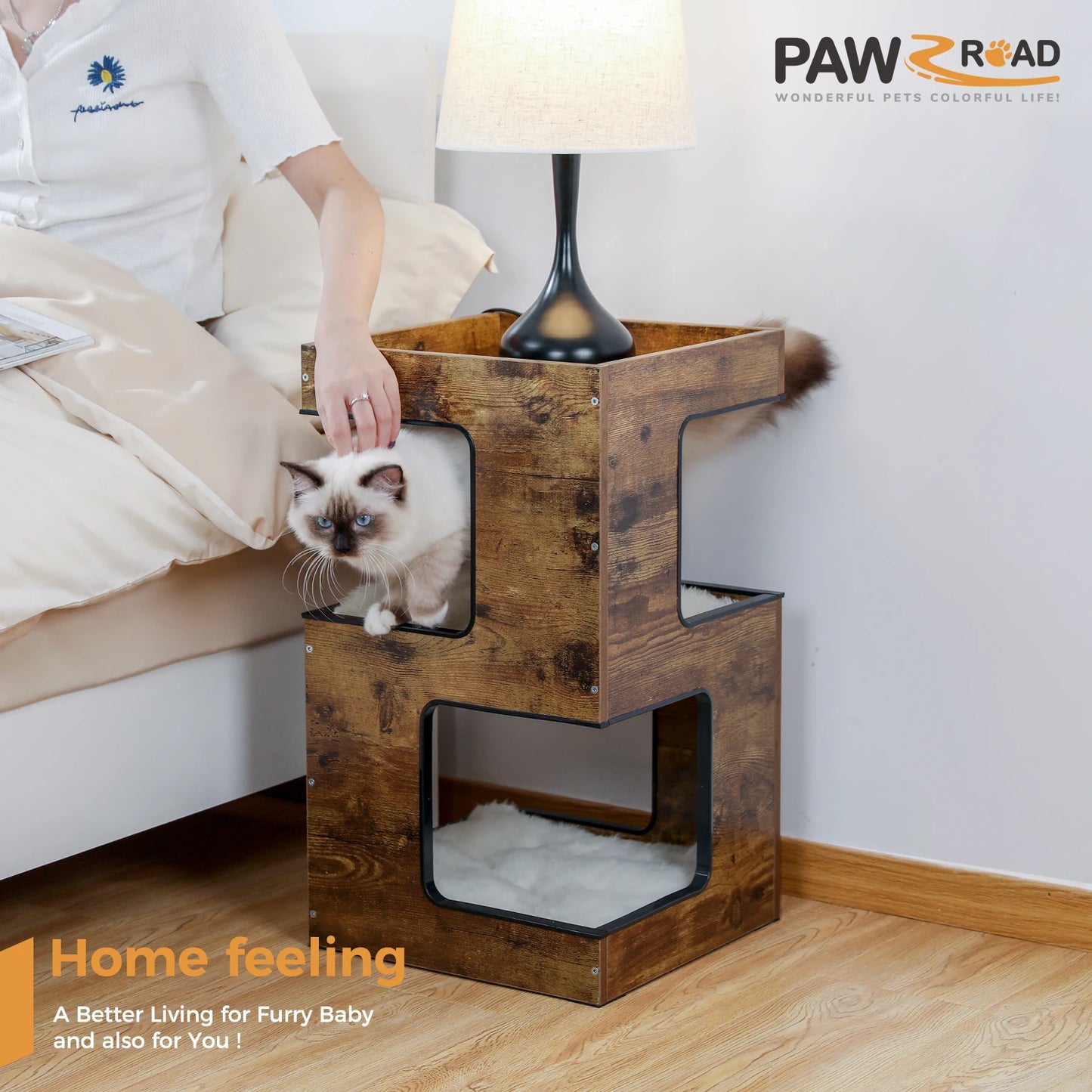 Wood Cat Condo House Bed with Removable Soft Mats Modern Cat Tree Tower with Scratching Pad Cat Scratcher Furniture Kitten Toys