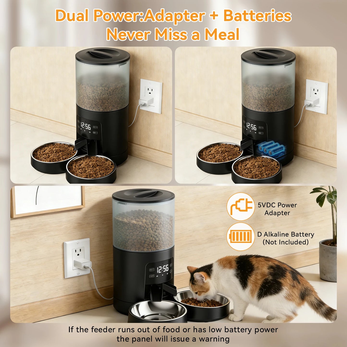 JHK 6L Automatic Cat Feeder with 2 Stainless Bowls Timed Cat Food Dispenser Dual Power Supply Dual Pet Feeder for Cat and Dog