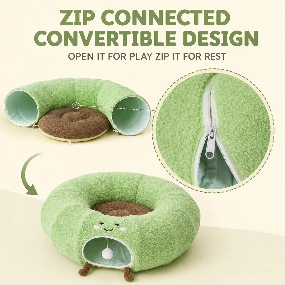 Convertible Cat Tunnel Bed With Plush Donut And Removable Cushion