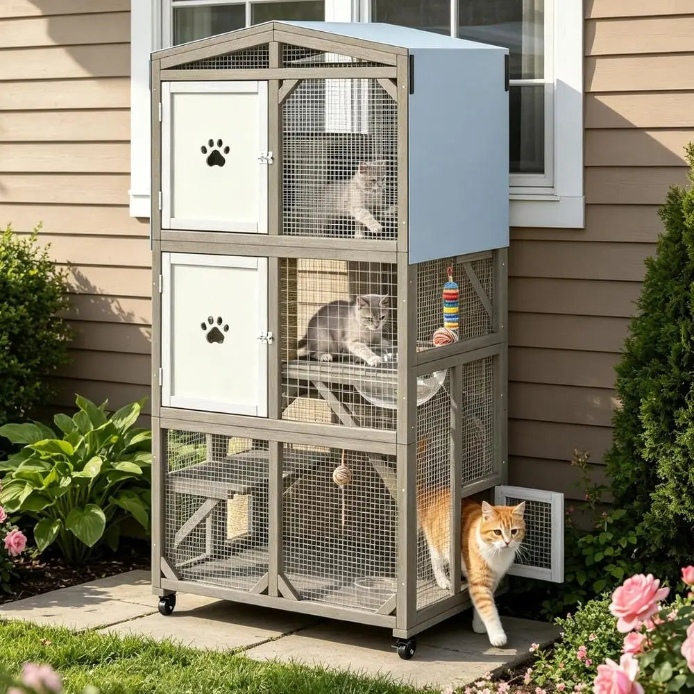 Weatherproof Wooden Cat Catio Enclosure Featuring Three Platforms and Mobility