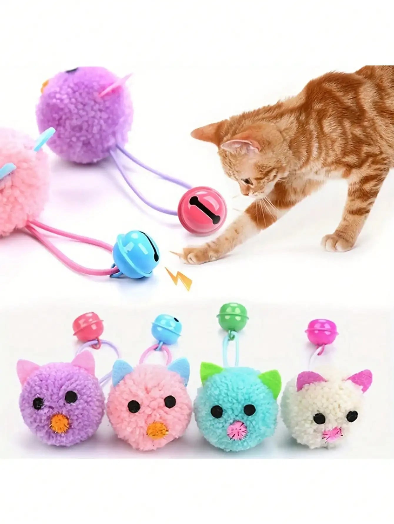 4pcs Cat Toys Set, Plush Ball With Bell, Plush Cat Ball Toys With Bells, Cute Cat Mouse Toys With Sound & Chewing Design, Interactive Indoor Cat Toys To Relieve Boredom And Destructive Behavior