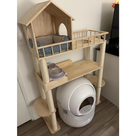 Wood Cat Tree With Litter Box Enclosure For Indoor Cats