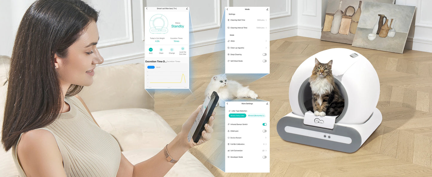 DOEL 65L Self-Cleaning Cat Litter Box App Control, ONLY Supports 2.4G WiFi w/Litter Mat&Trash Bags, Fit for Tofu & Mixed Litter
