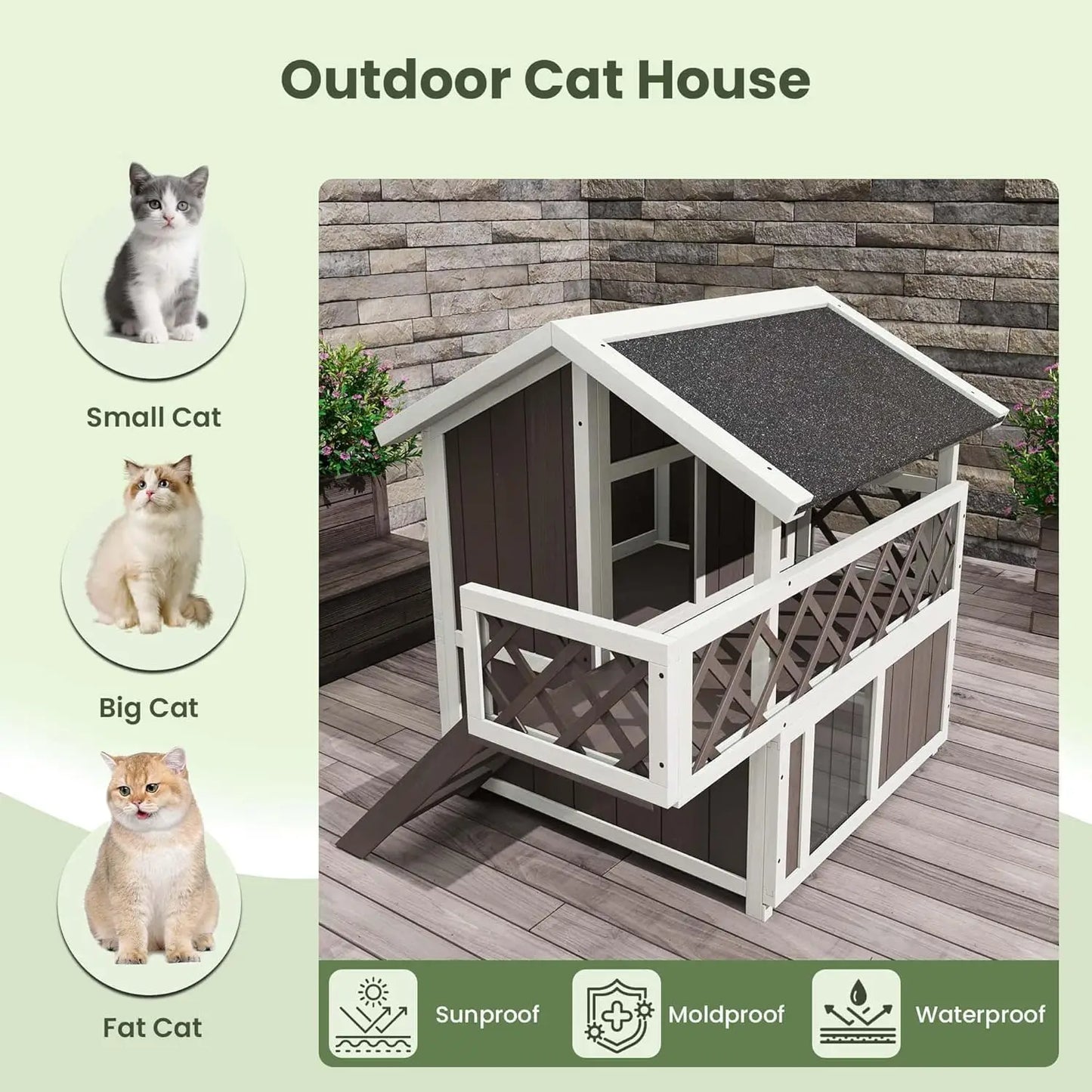 Wooden 2-Level Cat House Outdoor Indoor Weatherproof Shelter With Shade Balcony Side Stairs Guardrails Raised Floor For Cats