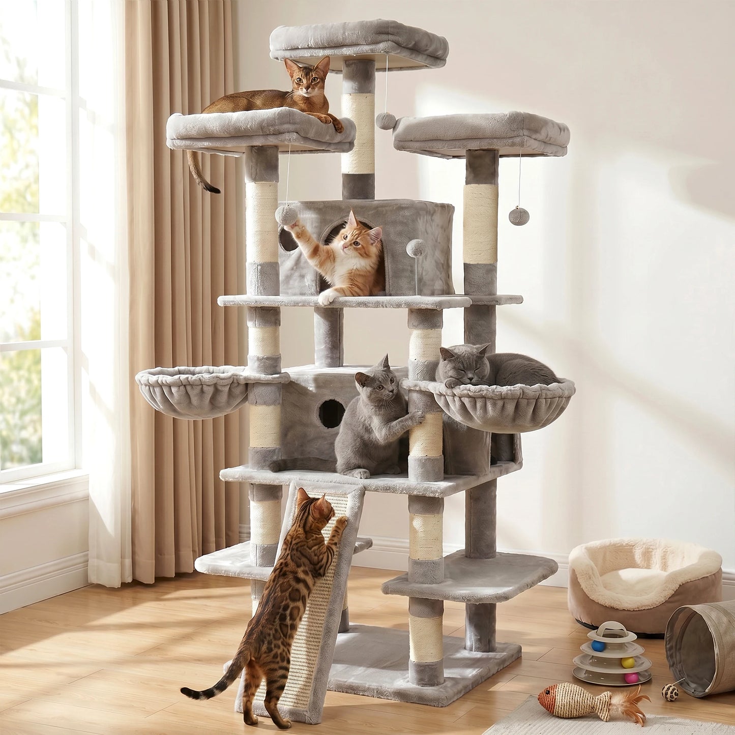 FOOWIN 173cm 68in Large Multi Level Cat Tree Tower Indoor Activity Center 2 Condos 3 Plush Perches Scratching Post Kitten Pet