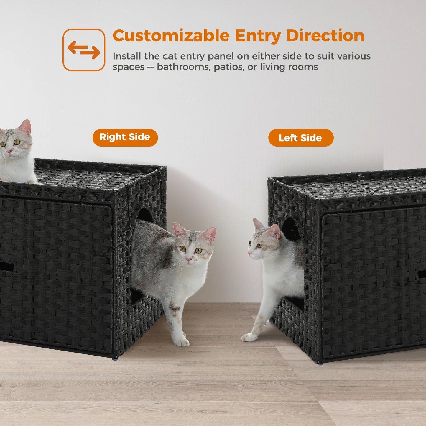 Rattan Cat Litter Box Enclosure with Taller Doorway and Flip-Up Design-More Space Raised Edge Mat-Cat House Cabinet Furniture