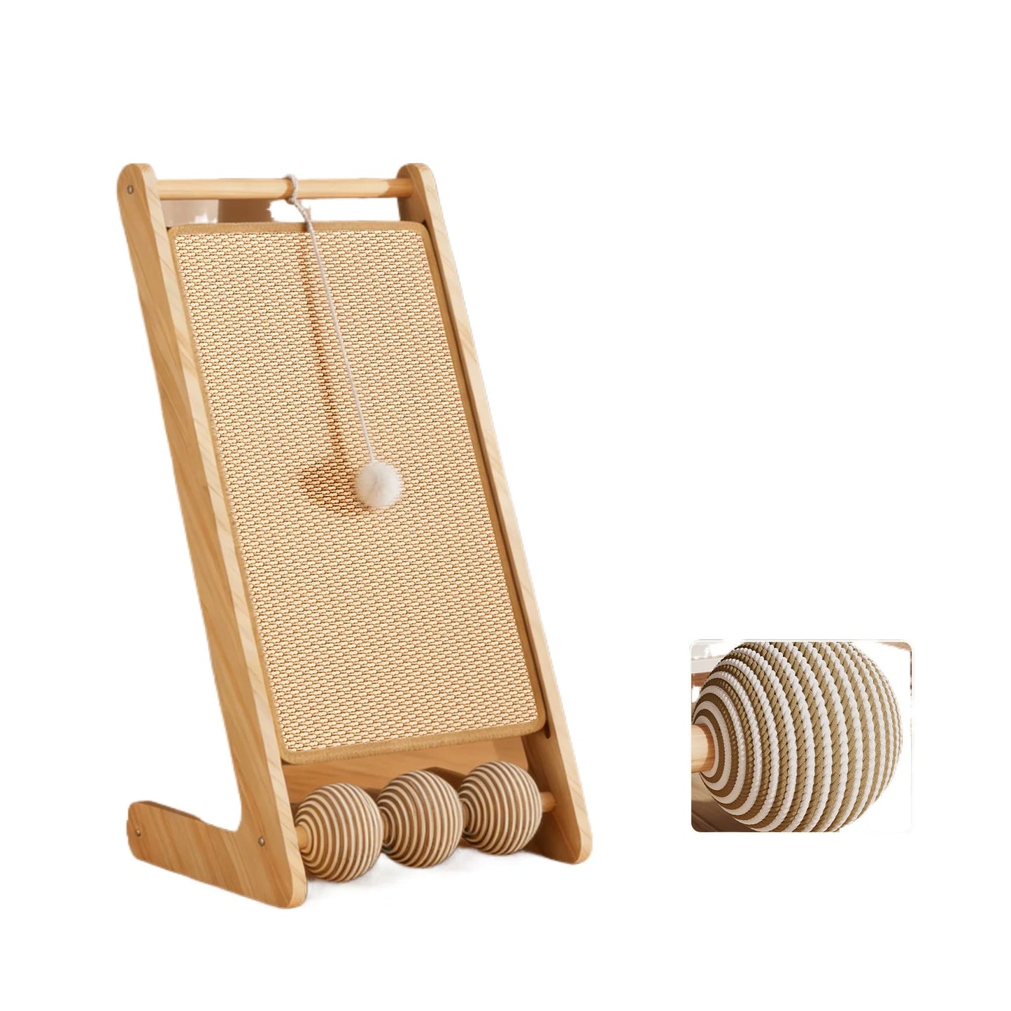 L-shaped sisal cat scratcher with hanging ball, satisfies cats' scratching and playing instincts