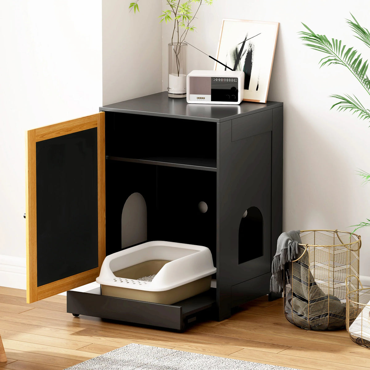 Hidden Cat Litter Box Enclosure With Sisal Scratching Door Cabinet