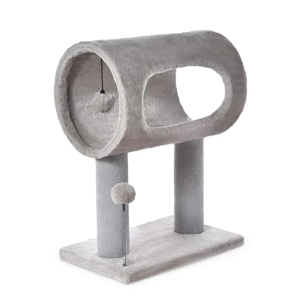 Modern Cat Tree with Plush Tunnel and Scratching Post, Indoor Cat Tower with Hanging Ball Toy for Kittens and Cats