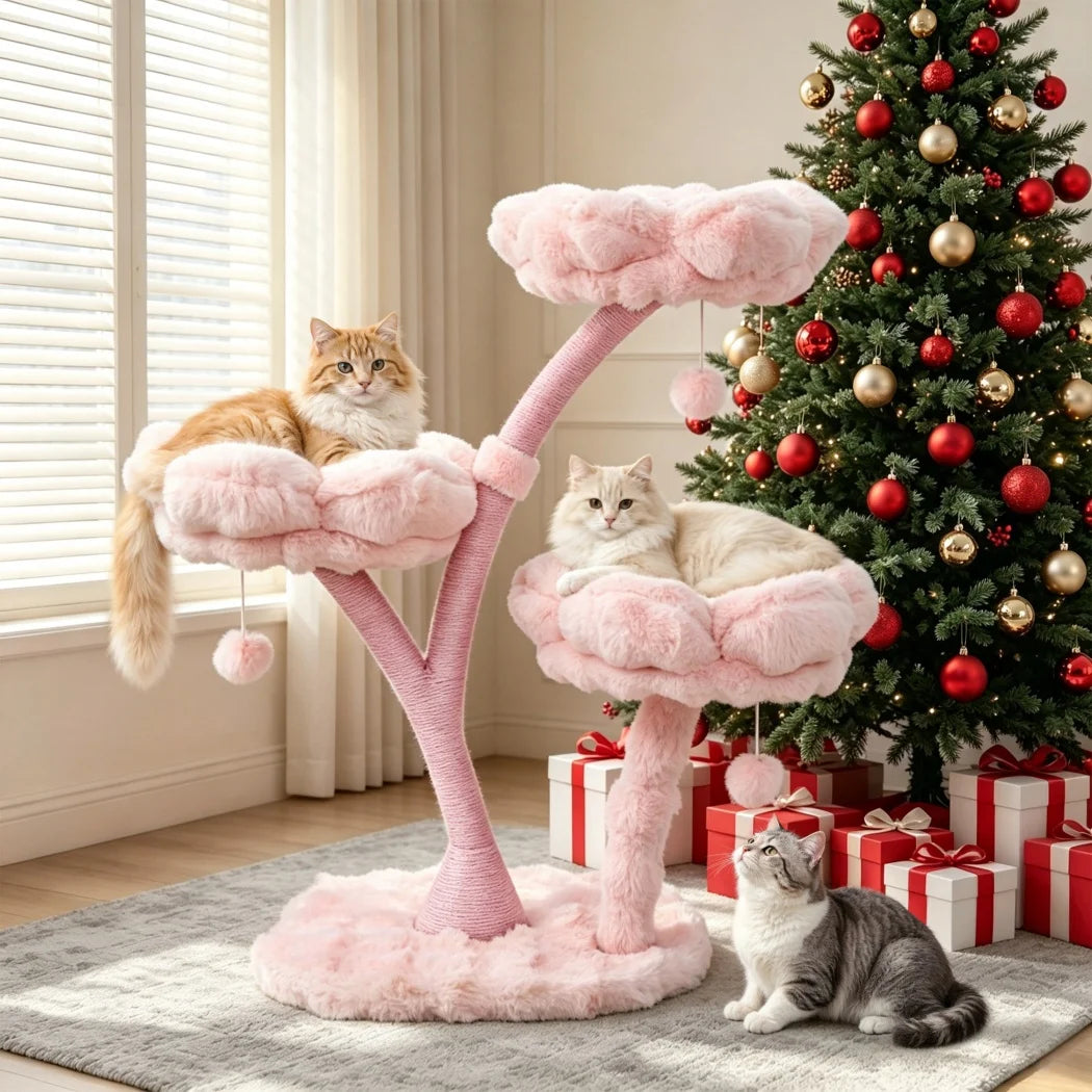 105cm Tall Pink Flower Cat Tree Tower with Scratching Post Wood Branch Cat Cushioned Bed Hanging Ball Toy