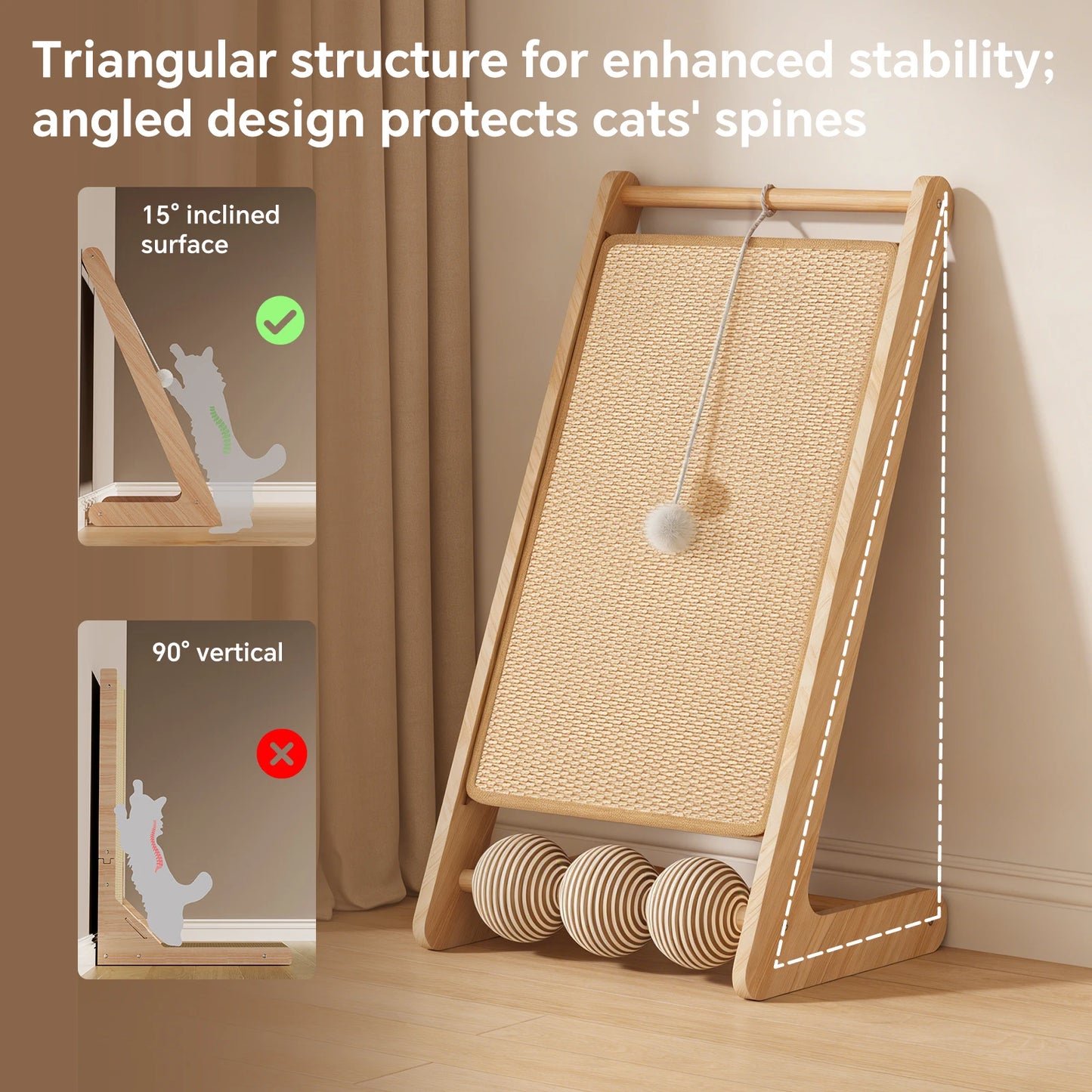 L-shaped sisal cat scratcher with hanging ball, satisfies cats' scratching and playing instincts
