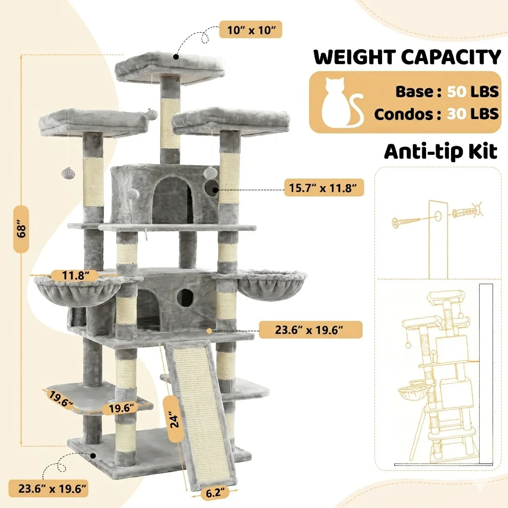 FOOWIN 173cm 68in Large Multi Level Cat Tree Tower Indoor Activity Center 2 Condos 3 Plush Perches Scratching Post Kitten Pet