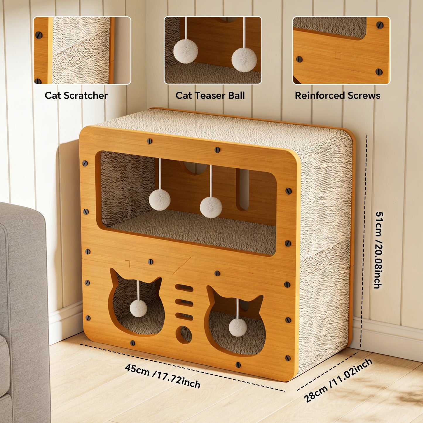Cardboard Cat House Two Tier Scratcher With Toys For Cats