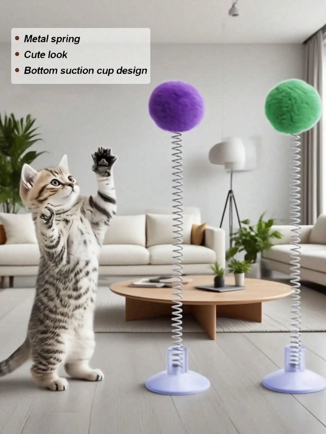 3/2/1pcs Interactive Cat Toys, Includes Plush Ball, Metal Spring Teaser Wand And Suction Cup Base, Bright Color Design, Battery-Free, Durable Design, Suitable For All Cat Breeds, Stimulates Hunting Instincts And Play Interest