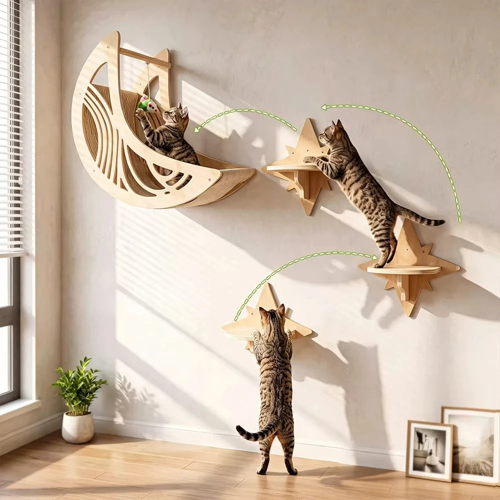 CWV Wall Mounted Cat Shelves With Moon Hammock Star Perches