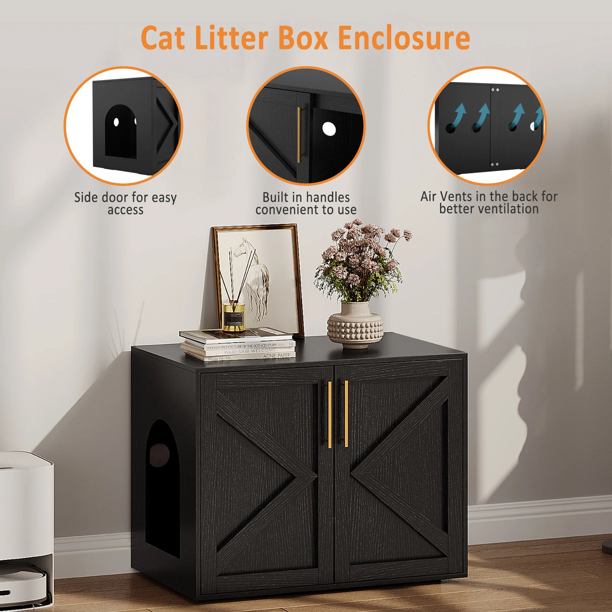 HiMISS Hidden Cat Litter Box Enclosure With Barn Doors