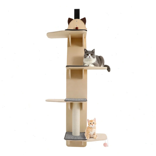 59 inch Door Hanging Cat Tree, Multi-Level Cat Climber with Scratch Post, Teaser Ball, Sturdy Wooden Shelves, Vertical Cat Furniture for Indoor Cats