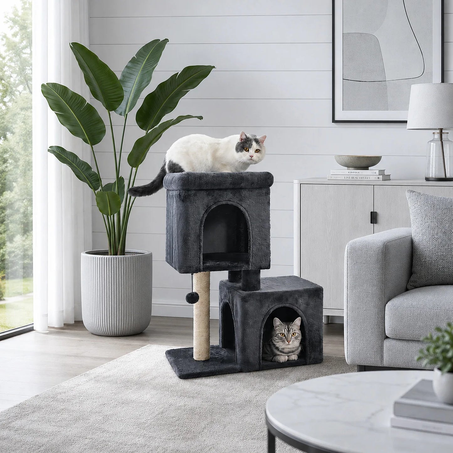 30-Inch Cat Tree with 2 Cozy Condos Sisal Scratching Post Soft Top Perch Hanging Pompom Small Cat Tower for Indoor Kitten Furniture House Cat Toys