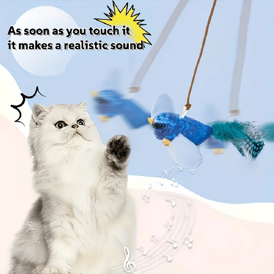 Realistic Bird, Interactive Cat Toy - Realistic Chirping Sound, Artificial Nylon Feathers, Soft Nylon Feather Stick, Handmade Design, Solo Play And Hunting Fun, Suitable For All Cats, Physical Sound, No Battery Required.