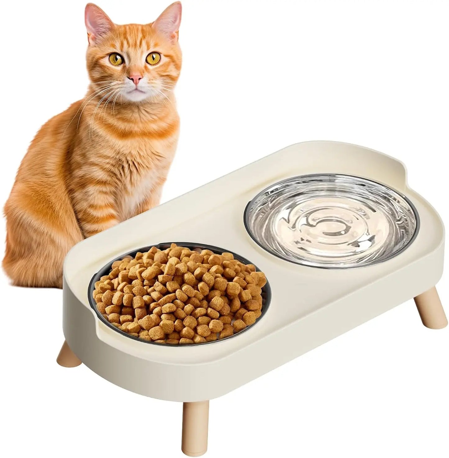 Elevated Cat Bowl, Raised Cat Food and Water Bowl Set for Indoor Cats, Splash Proof with  Stainless Steel Pet Food Bowls for Cats and Puppies, Whisker Fatigue and Dishwasher Safe - White