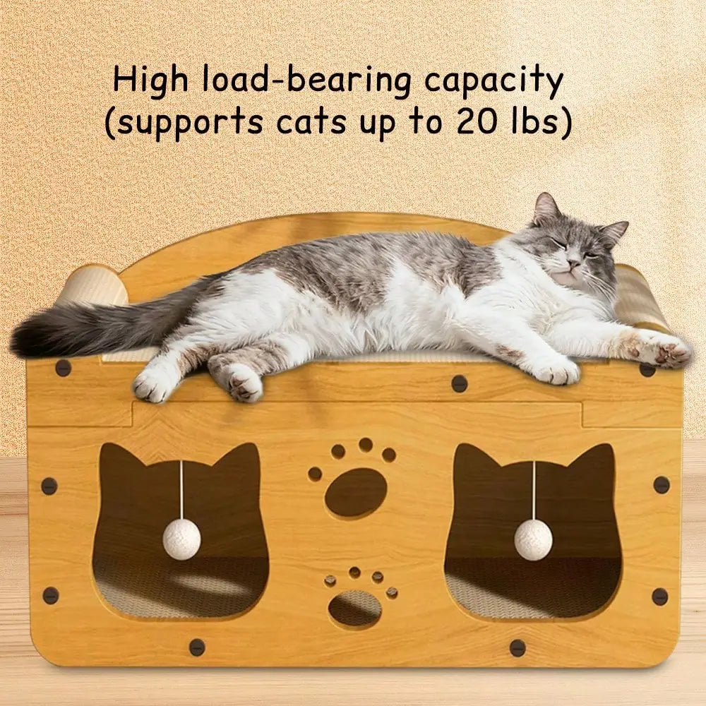 2 In 1 Double Layer Cardboard Cat Scratcher Lounge Bed Bubble Fish Star Moon Double Cat Head Pattern Detachable Upper Platform Cat Hideaway With 2 Hanging Pom Pom Balls For Multi Cat Households
