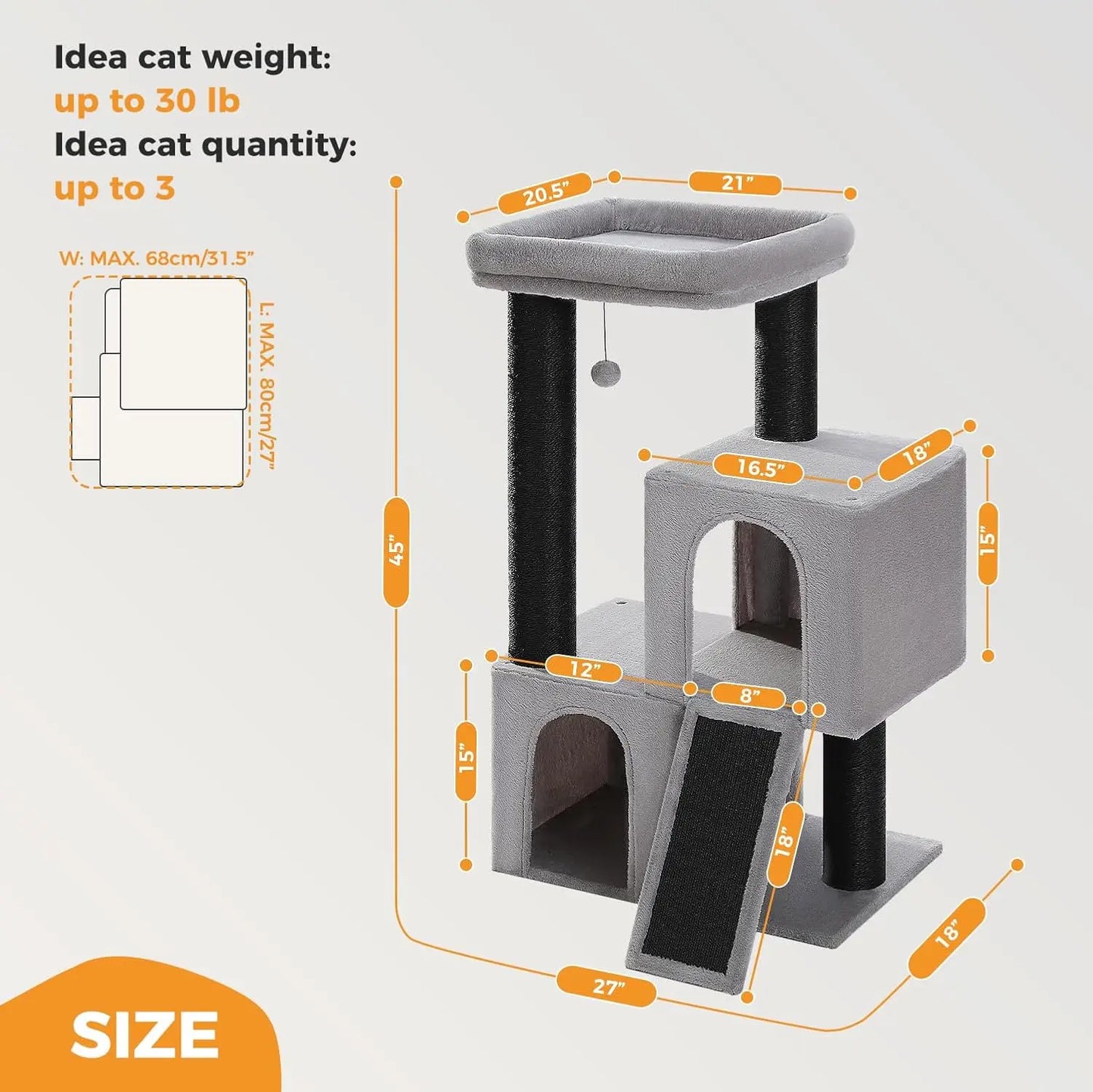 Cat Tree for Indoor Cats Adult, 45-Inch Heavy Duty Cat Tower with Sisal Scratching Ramp, 2 Cat Condo for Extra, Customized