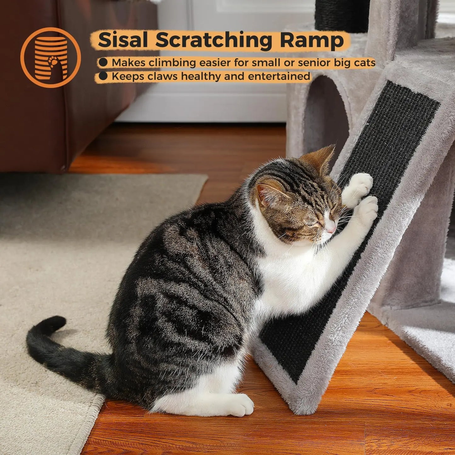 Cat Tree for Indoor Cats Adult, 45-Inch Heavy Duty Cat Tower with Sisal Scratching Ramp, 2 Cat Condo for Extra, Customized