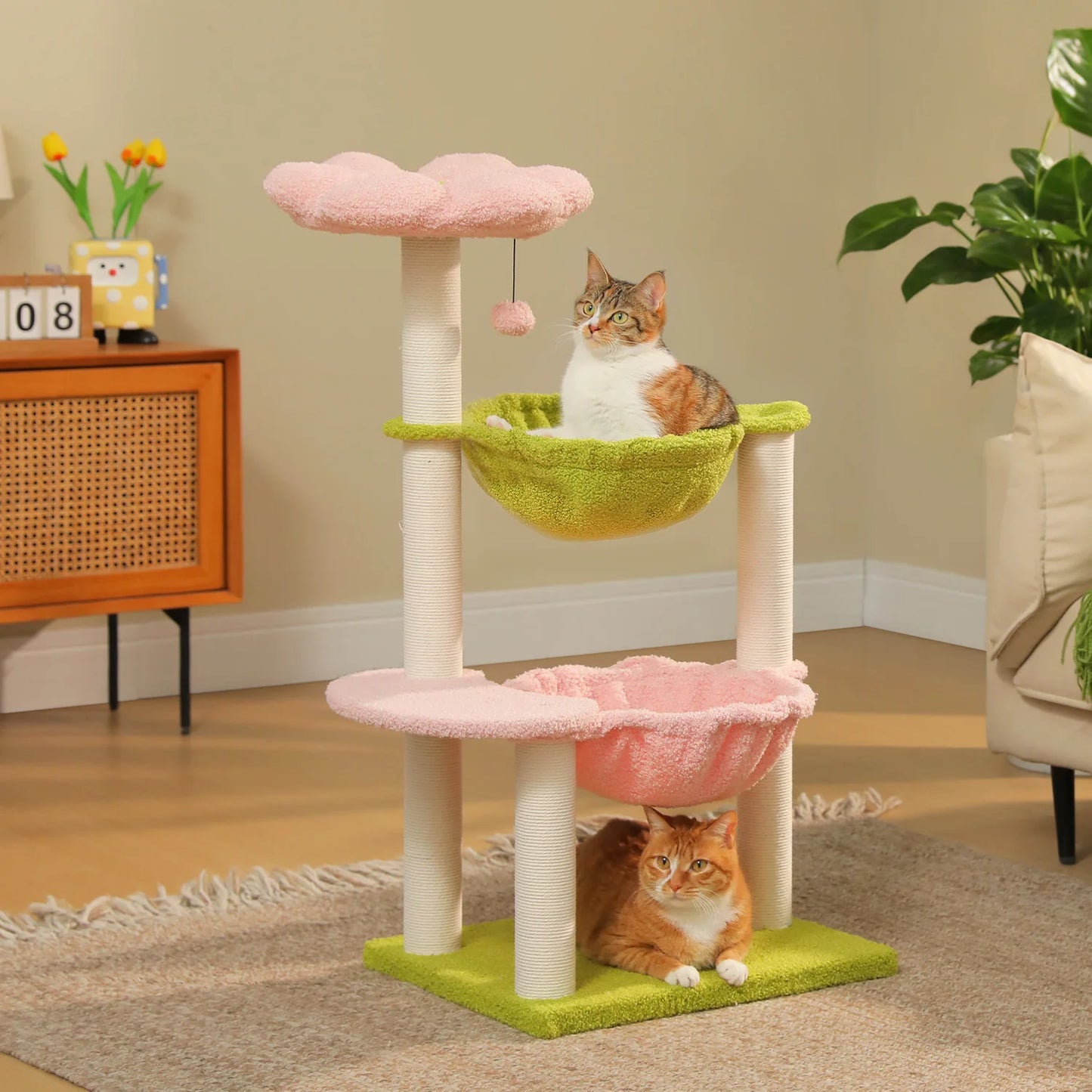 Flower Cat Tree with 2 Cozy Hammocks Sisal Scratching Posts Soft Top Perch Small Cat Tower for Indoor Kitty Cat Furniture Cat Toys