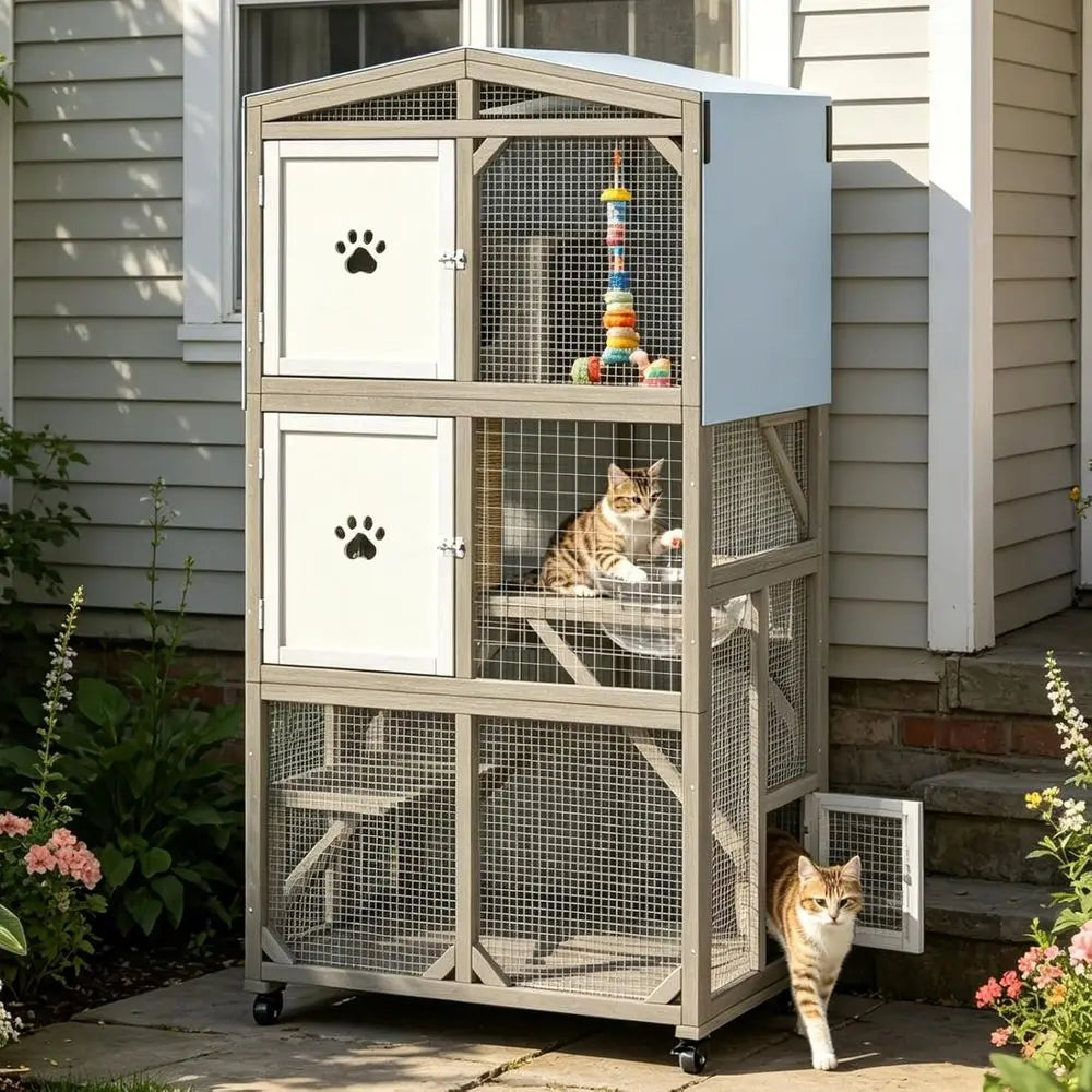 Weatherproof Wooden Cat Catio Enclosure Featuring Three Platforms and Mobility