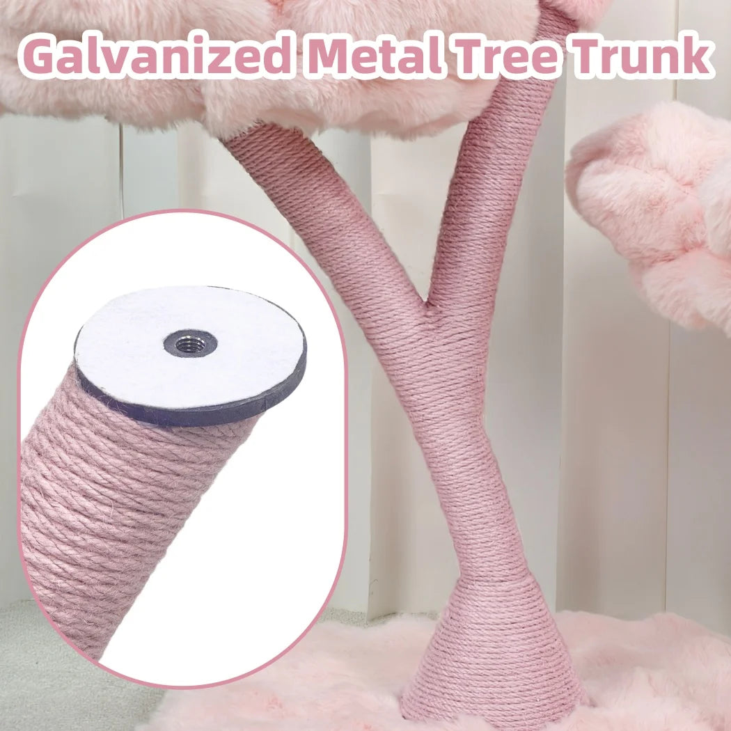 105cm Tall Pink Flower Cat Tree Tower with Scratching Post Wood Branch Cat Cushioned Bed Hanging Ball Toy