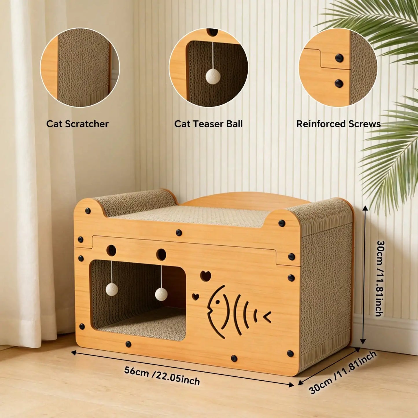 2 In 1 Double Layer Cardboard Cat Scratcher Lounge Bed Bubble Fish Star Moon Double Cat Head Pattern Detachable Upper Platform Cat Hideaway With 2 Hanging Pom Pom Balls For Multi Cat Households