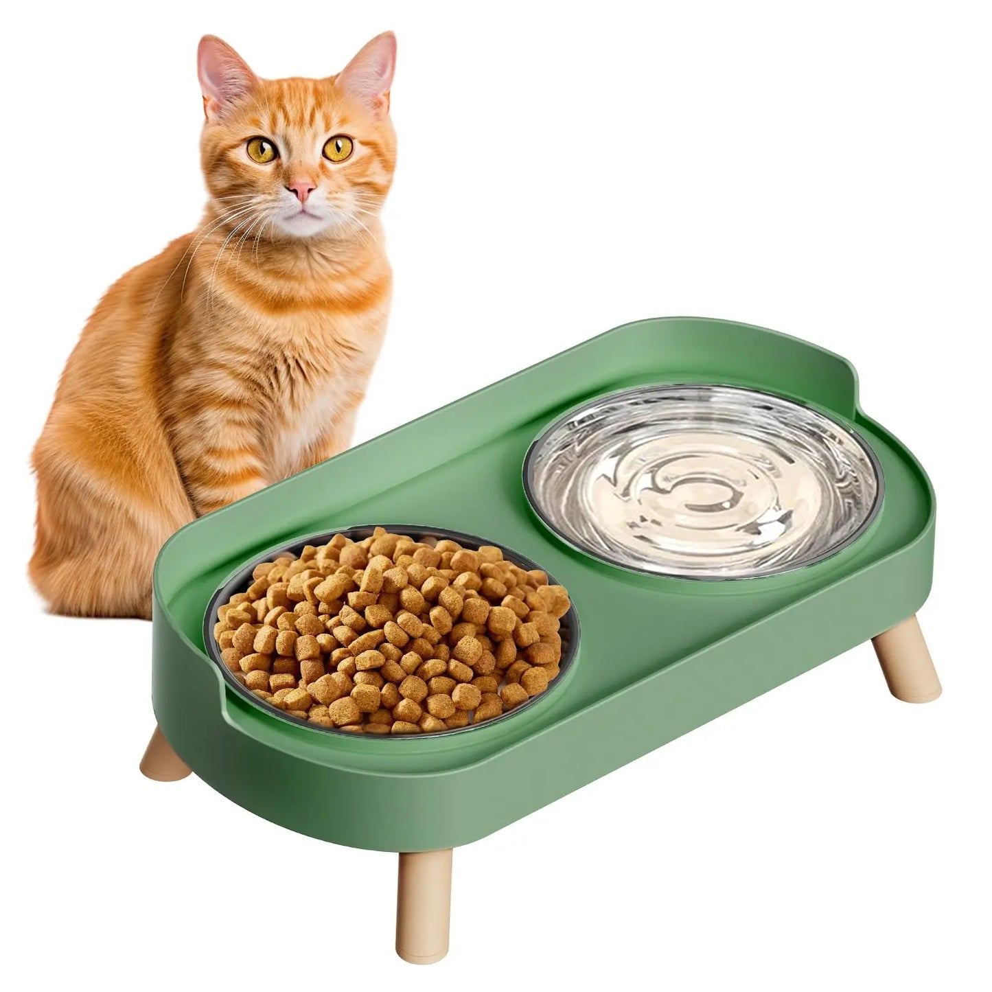 Elevated Cat Bowl, Raised Cat Food and Water Bowl Set for Indoor Cats, Splash Proof with  Stainless Steel Pet Food Bowls for Cats and Puppies, Whisker Fatigue and Dishwasher Safe - White