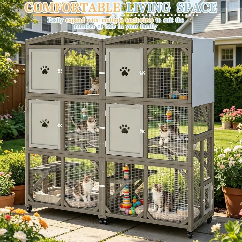 Weatherproof Wooden Cat Catio Enclosure Featuring Three Platforms and Mobility