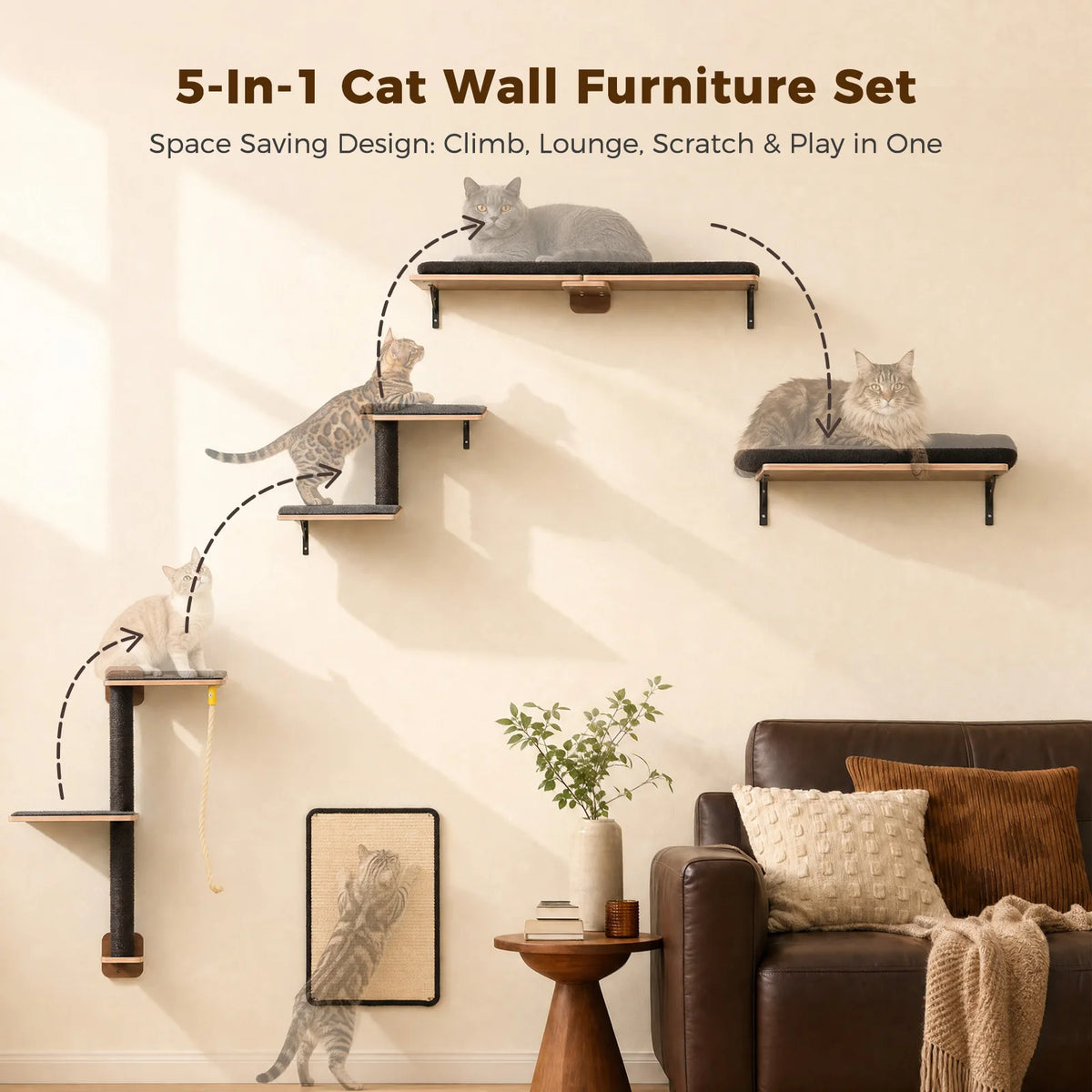 PAWZ Road Wooden Cat Wall Climbing Shelves With Scratching Posts