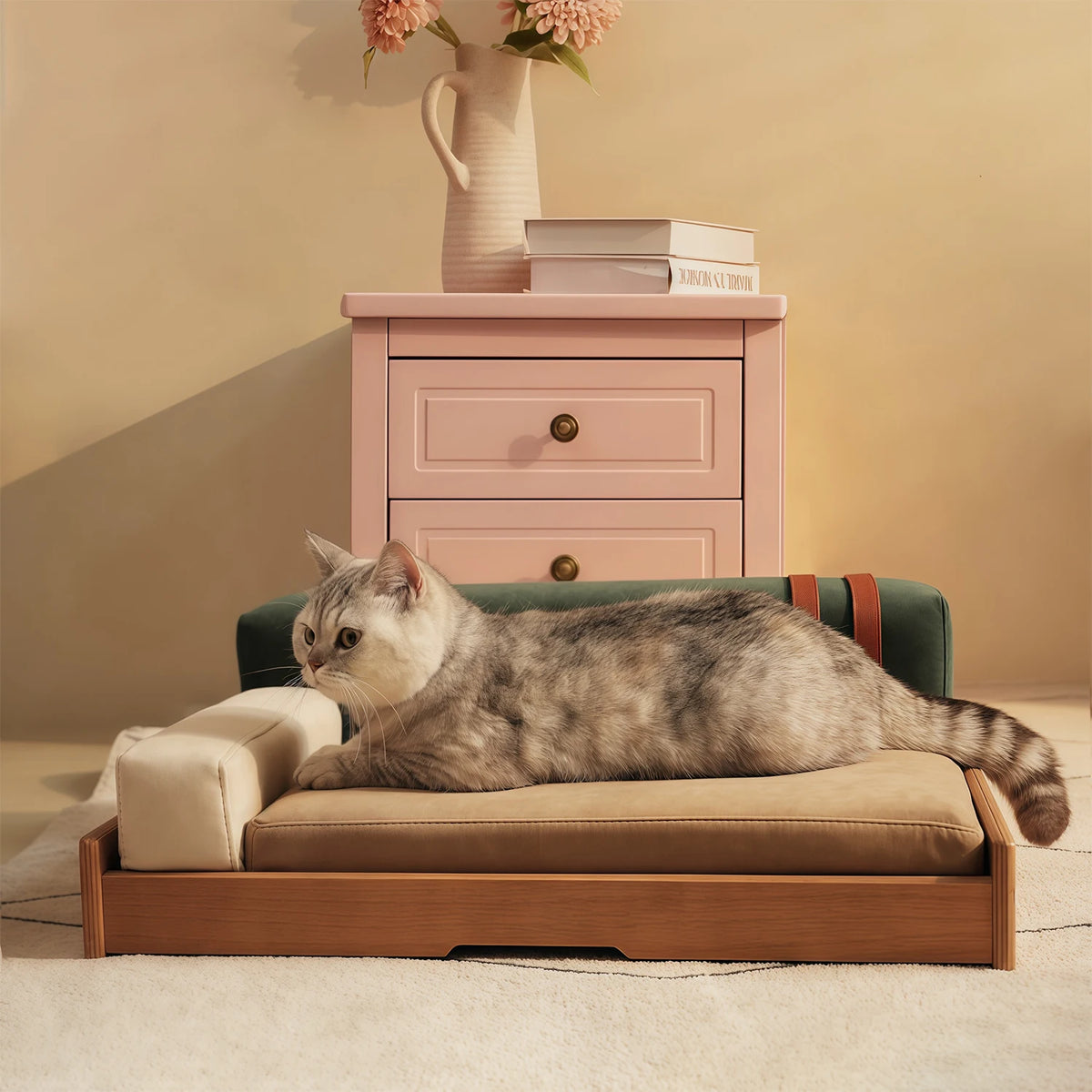 Modern Oak Veneer Pet Bed With Removable Cushion Indoor