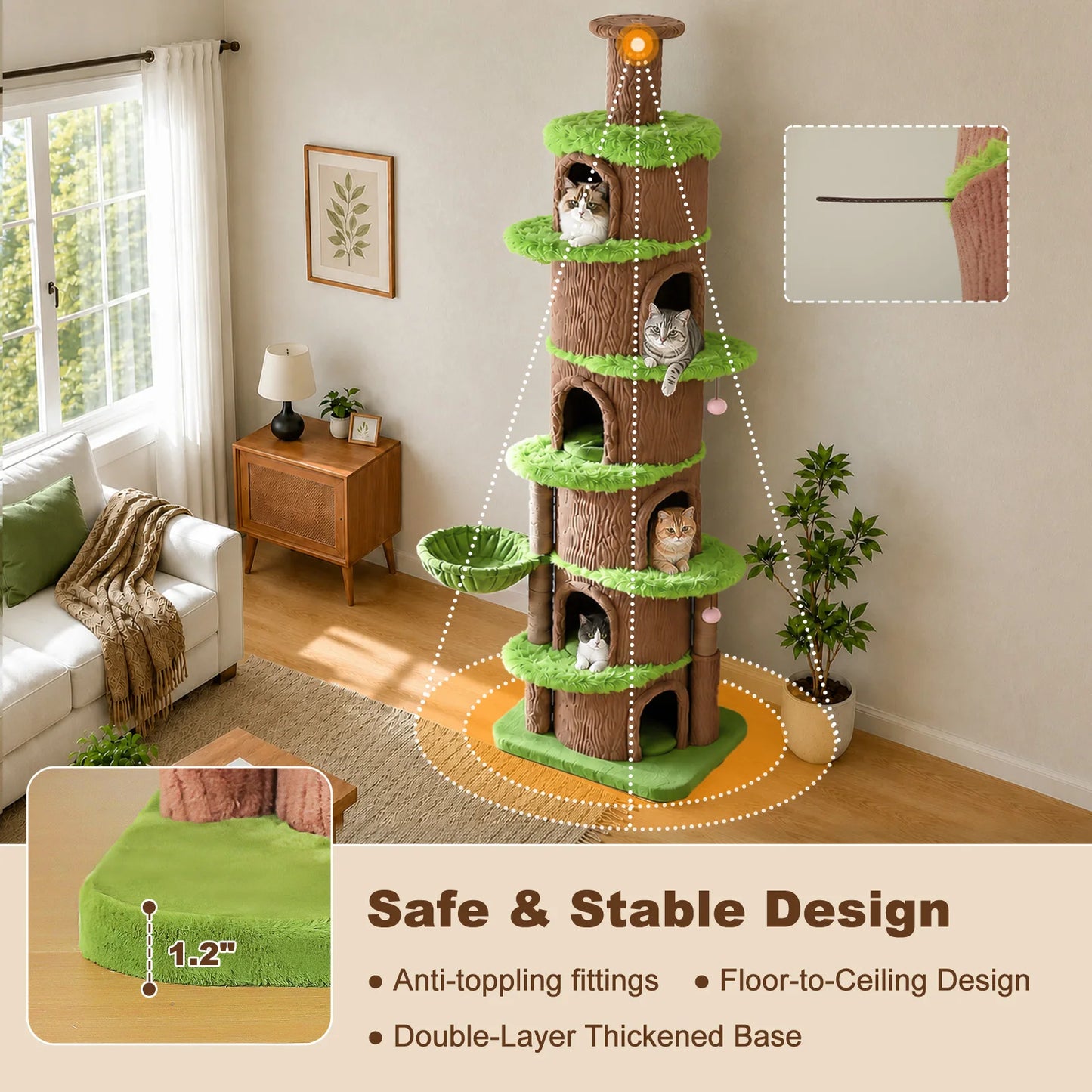 Floor to Ceiling Cat Tree with 6 Spacious Condos Sisal Scratching Posts Cozy Hammock Adjustable Height Large Cat Tower for Indoor Cats Multi-Level Cat House Bed Cat Toys