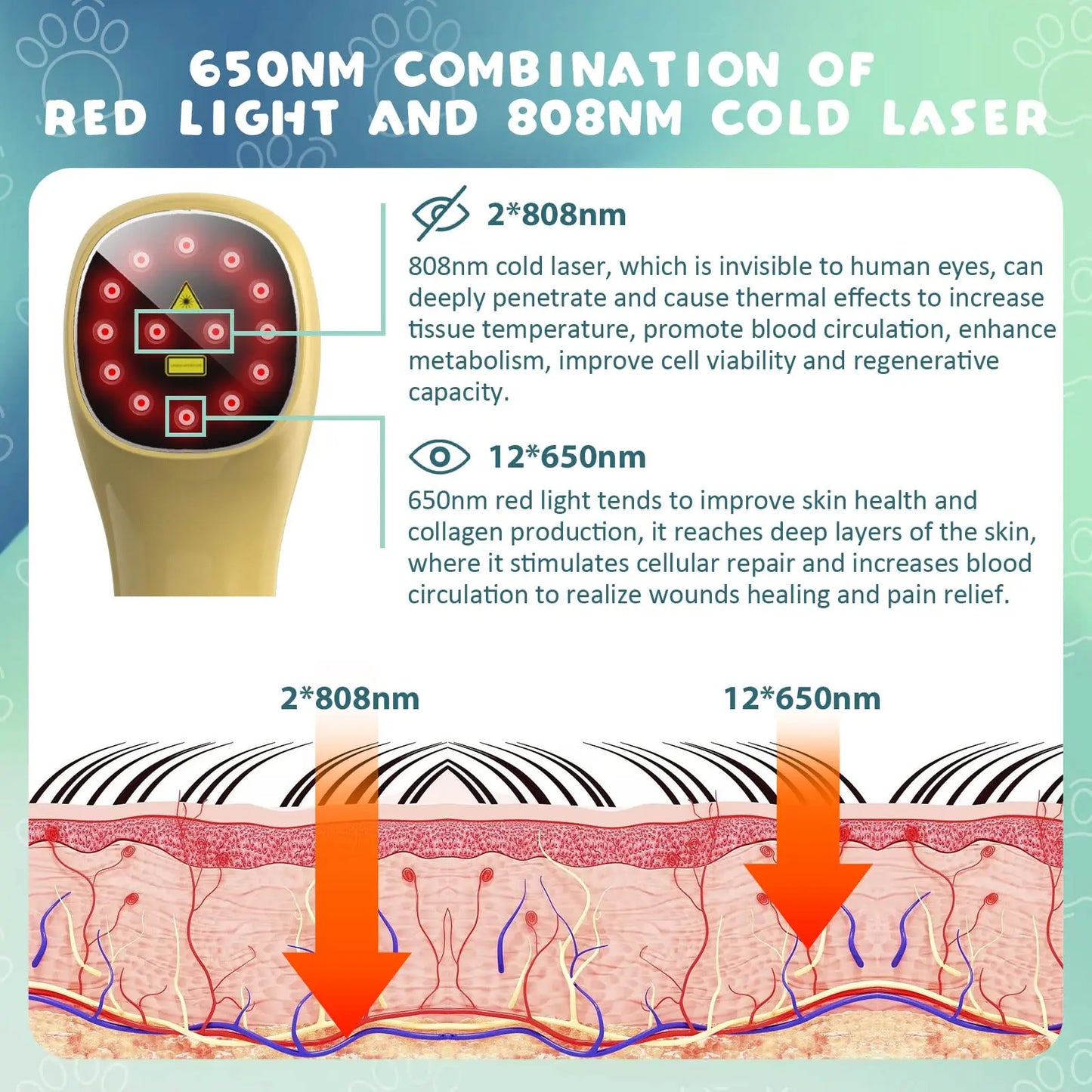 Pet Pain Relief  650nm 808nm Cold Low Level Laser Red Light Therapy Device Dog Cat Body Physical Muscle Therapy Equipment