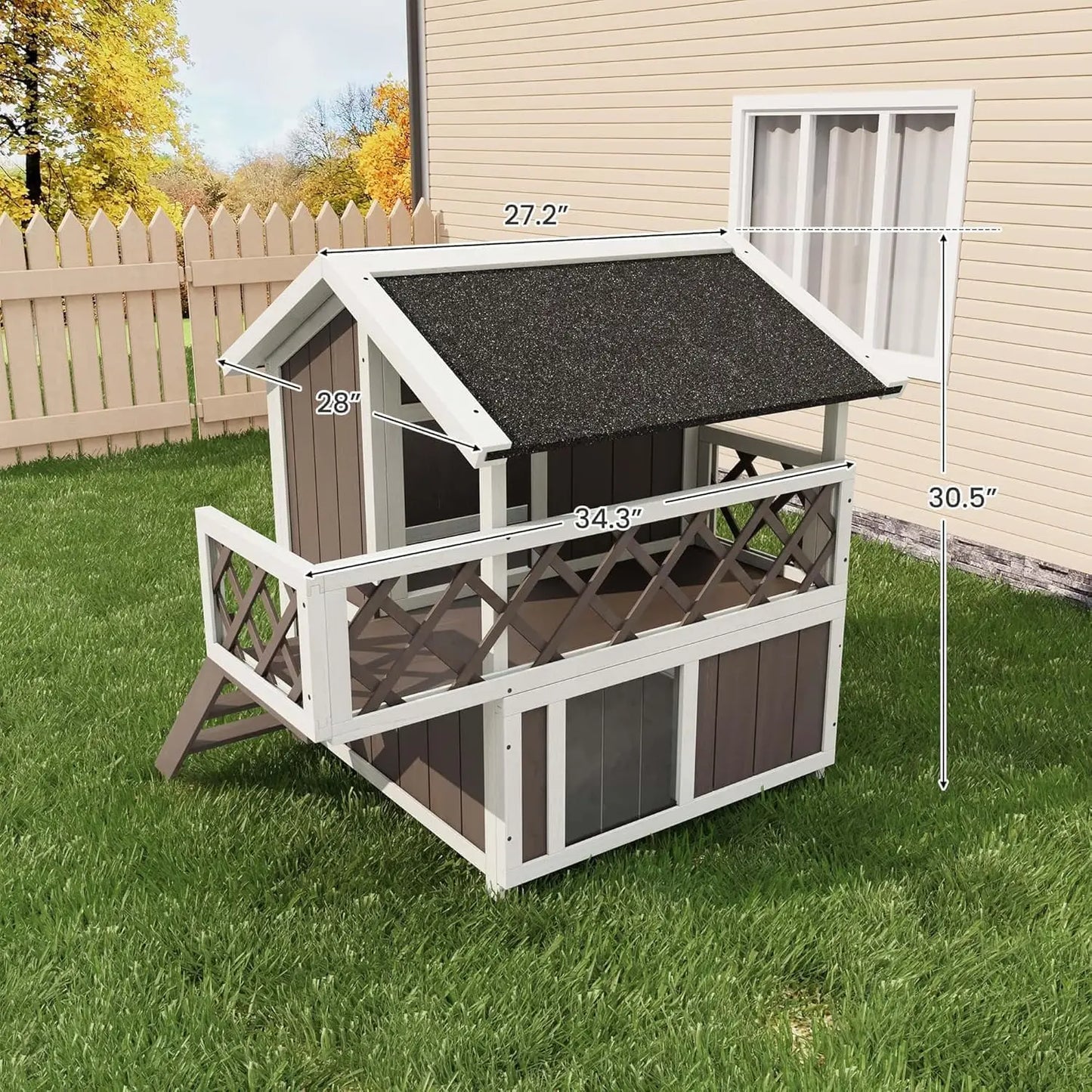 Wooden 2-Level Cat House Outdoor Indoor Weatherproof Shelter With Shade Balcony Side Stairs Guardrails Raised Floor For Cats