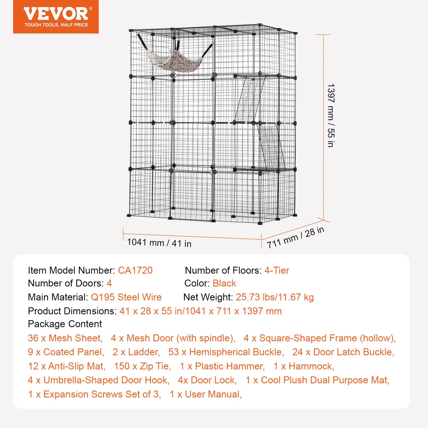 SucceBuy Large Cat Cage Detachable Metal Wire Cat Enclosure with Front Doors Hammock Ramp ladders Crate Exercise Place for Cat