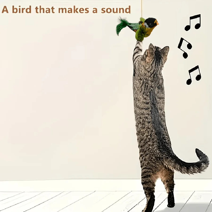 Realistic Bird, Interactive Cat Toy - Realistic Chirping Sound, Artificial Nylon Feathers, Soft Nylon Feather Stick, Handmade Design, Solo Play And Hunting Fun, Suitable For All Cats, Physical Sound, No Battery Required.