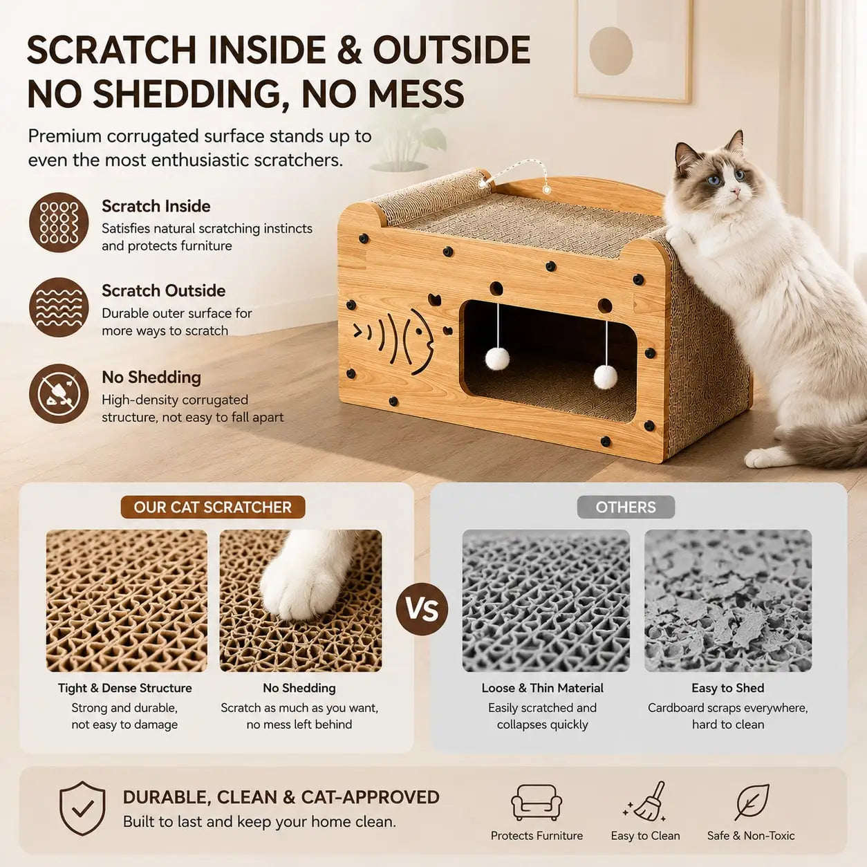2 In 1 Double Layer Cardboard Cat Scratcher Lounge Bed Bubble Fish Star Moon Double Cat Head Pattern Detachable Upper Platform Cat Hideaway With 2 Hanging Pom Pom Balls For Multi Cat Households
